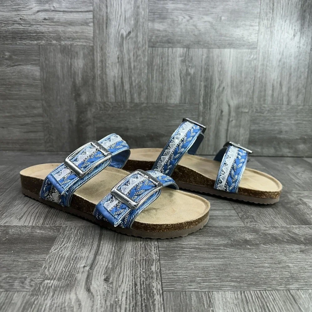 Madden Girl Sandals Women Size 7 Blue Boho Embroidered Sequin Cork Slides NEW